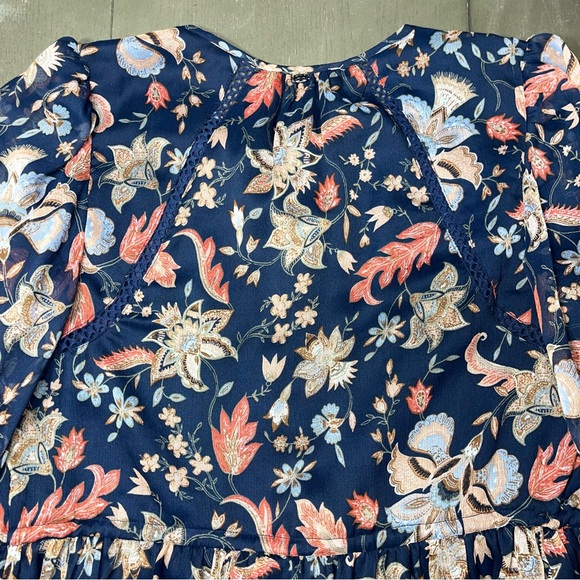 Sam Edelman Navy Blue Floral Swing Dress Long Sleeve Ruffle NWT Small Tan Peach - Picture 8 of 9